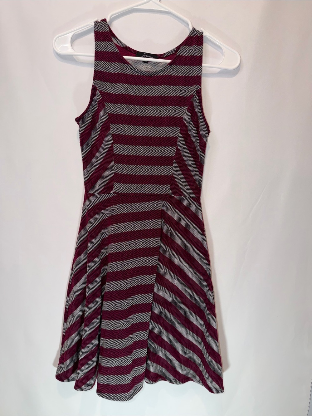 Soprano Burgundy and Gray Striped Sleeveless Fit & Flare Dress